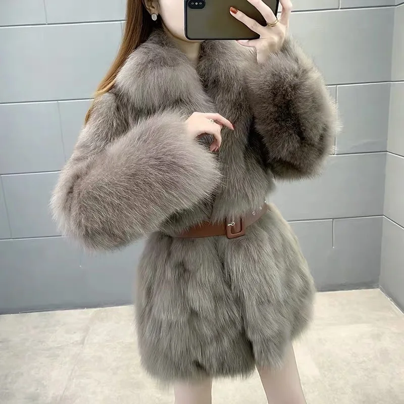 Winter Long Sleeve Coat Women Clothing Faux Fox Fur  Fashion Thick Warm  Coats Outerwear Fake  Jacket  with Belt