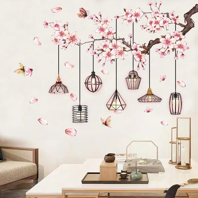 

Персиковый Цветок, люстра, Настенная Наклейка в китайском стиле, для спальни, для украшения стен, самоклеящаяся, для гостиной, для украшения ...