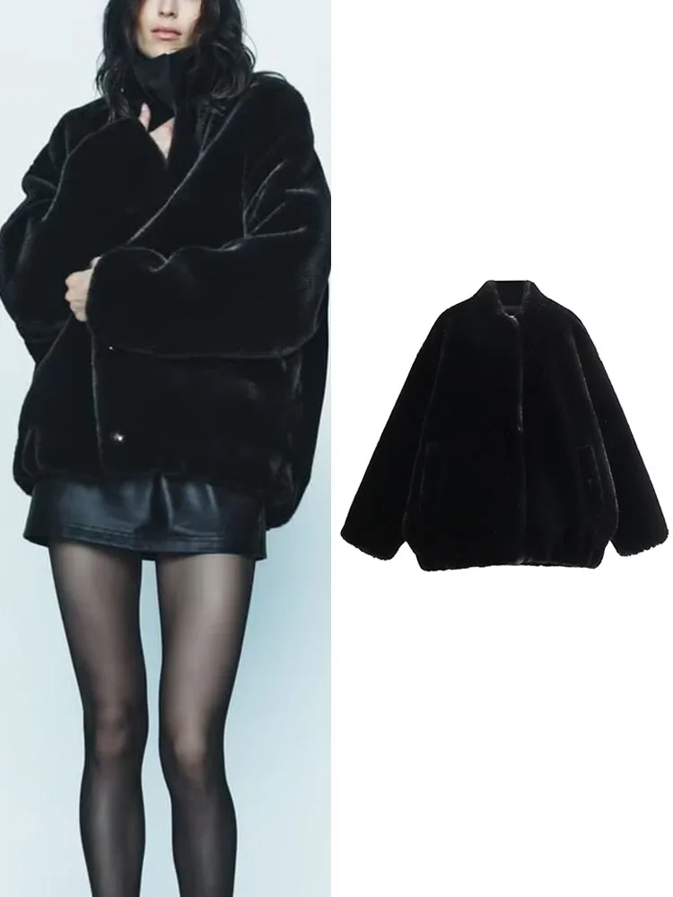 

TRAF Winter Oversized Women's Thick Warm Faux Fur Coat Women Soft Black Loose Casual Fluffy Jacket Outerwears 2023 New
