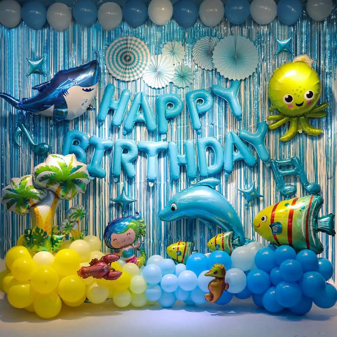 

Ocean Theme Birthday Party Decorations Shark Sea Animal Balloons Kid Happy Birthday Decorations Banner Paper Fans Latex Balloon