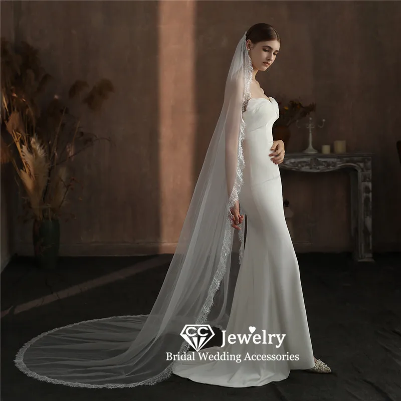 

CC Chapel Veils for Women Wedding Accessories Bridal Headdress Engagement Party Prom 2.5M Long Veil With Combs Lace Edge V329
