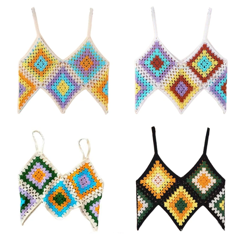 

Women Boho Crochet Knit Sleeveless Camisole Multicolor Rhombus Plaid Sexy V Neck Crop Top Irregular Hem Slim Beach Vest