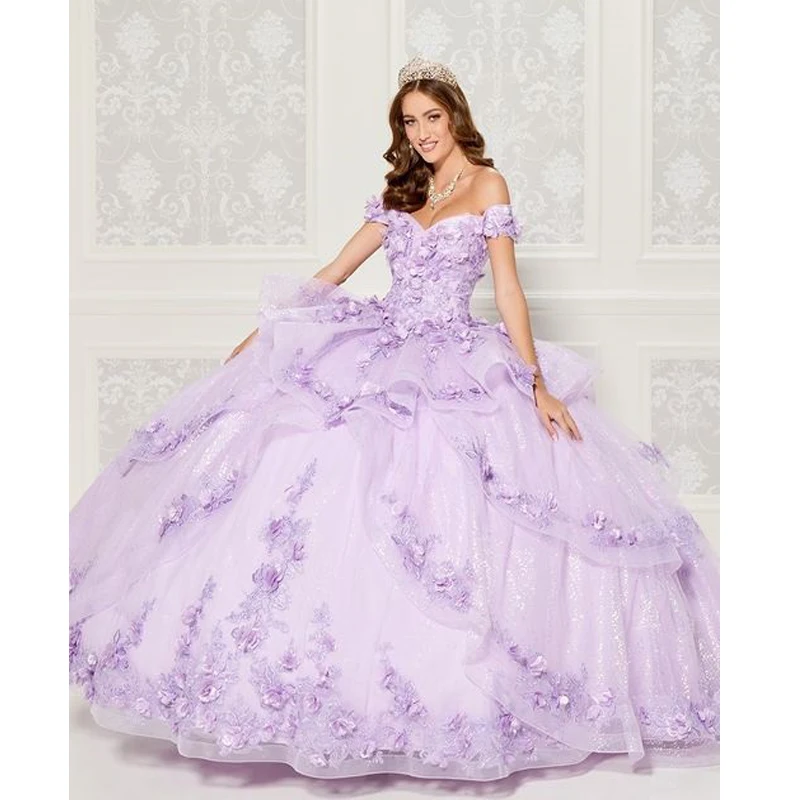 

2023 Mexican Shiny Lavender Quinceanera Dresses with 3D Floral Applique Vestidos XV Años Sweet 16 robe de soirée