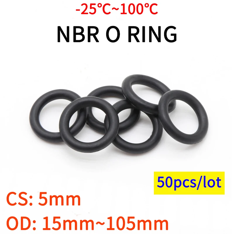 

50pcs NBR O Ring Seal Gasket CS 5mm OD 15~105mm Nitrile Butadiene Rubber Spacer Oil Resistance Washer Round Shape Black