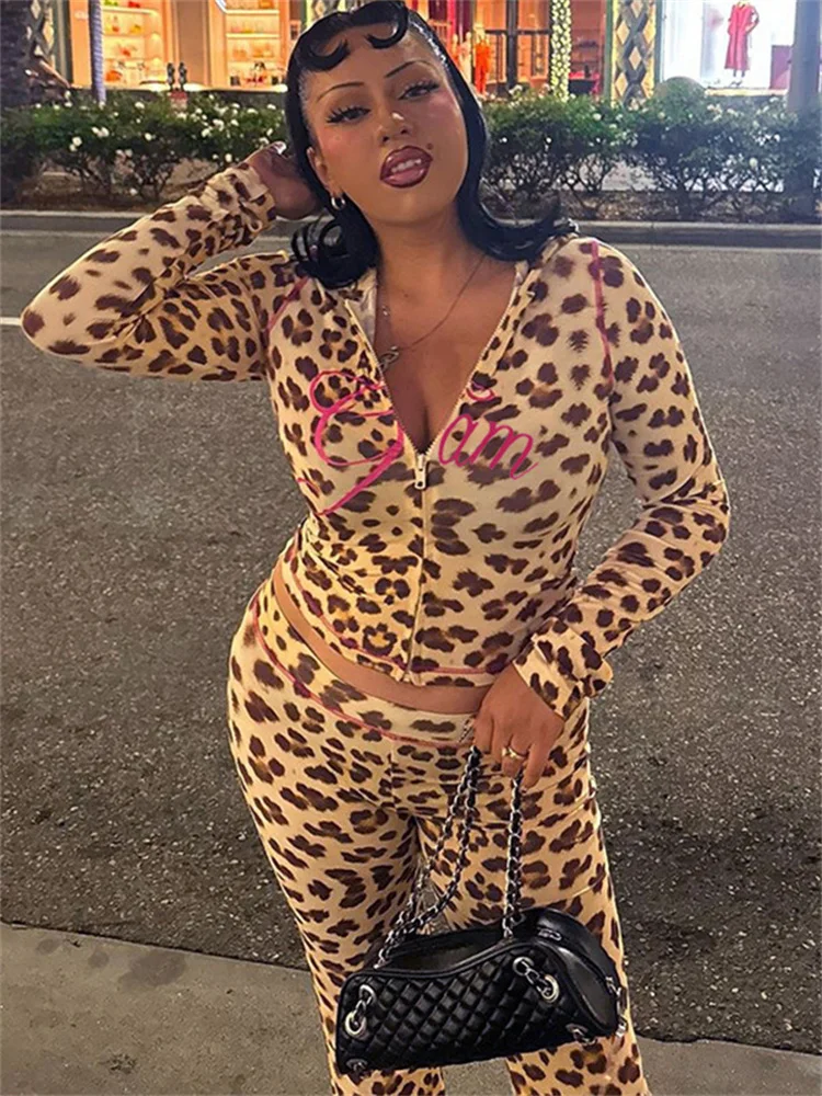 Женский костюм-двойка с леопардовым принтом осенний кардиган капюшоном и брюки