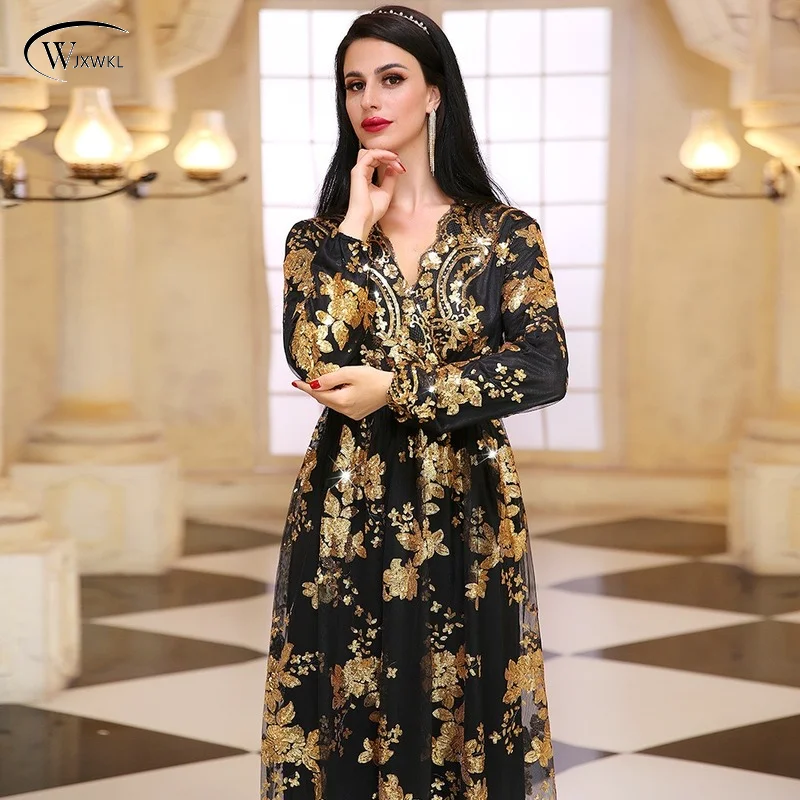 7000 Temperament Black Gold Sequins Embroidery Dubai Double Dress 2022 Abayas for Women Turkish