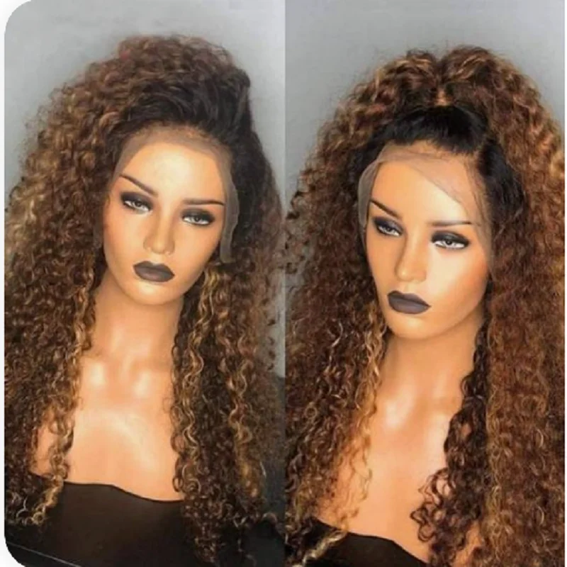 

180%Density 26 Inches Long Glueless Ombre Blonde Kinky Curly Lace Front Wig With BabyHair Preplucked Heat Temperature Daily Wi