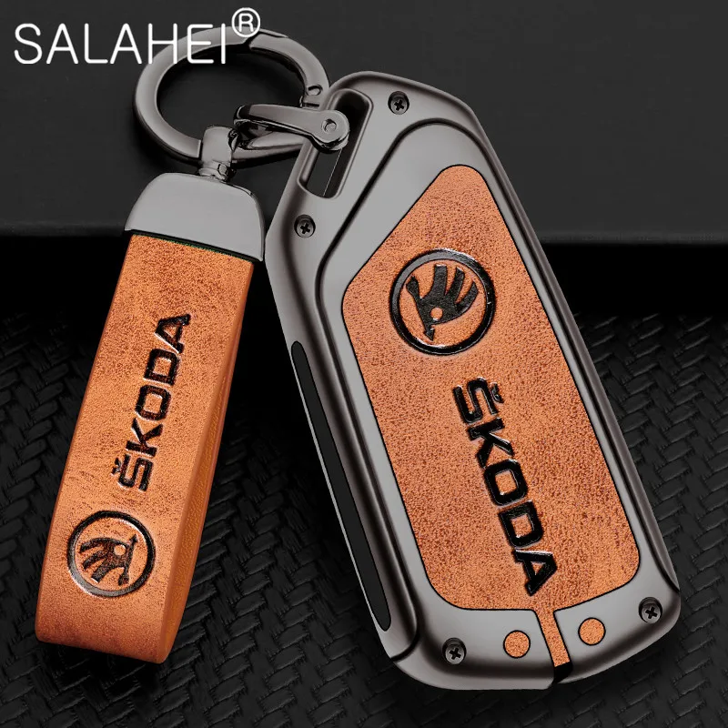 

Metal Car Leather Key Full Cover Case Holder Shell Protector Key Bag For Skoda Octavia 4 8 A8 2020 2021 Car Interior Accessories