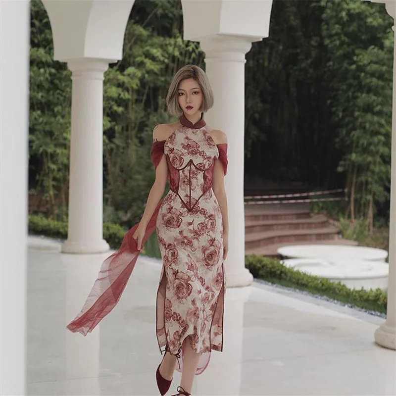 Women Chinese Traditional Cheongsam Qipao Floral Style Vintage Off Shoulder Slit Long Dresses Party Performance Dance Robe
