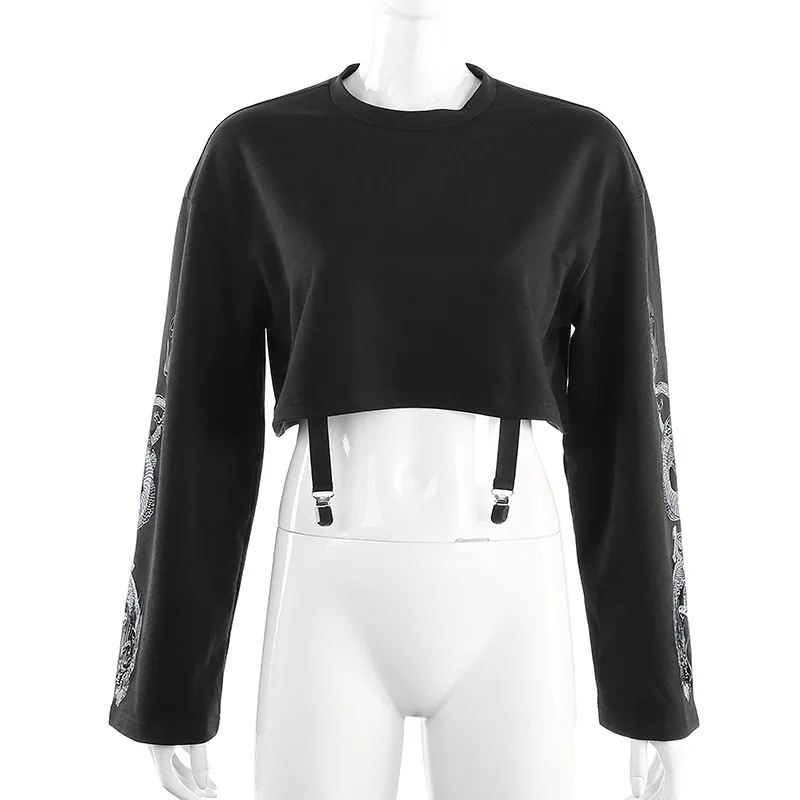 Dragon Print Hoodies Short Women Dark Gothic Round Neck Long Sleeve Navel Exposure Sexy Metal Pendant Female Casual Tops Hoodie