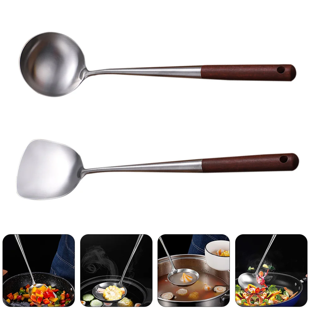 

Wood Soup Spoon Stainless Steel Spatula Set Kitchen Ware Utensils Soup Serving Ladle Wok Ladle Wok Hoak
