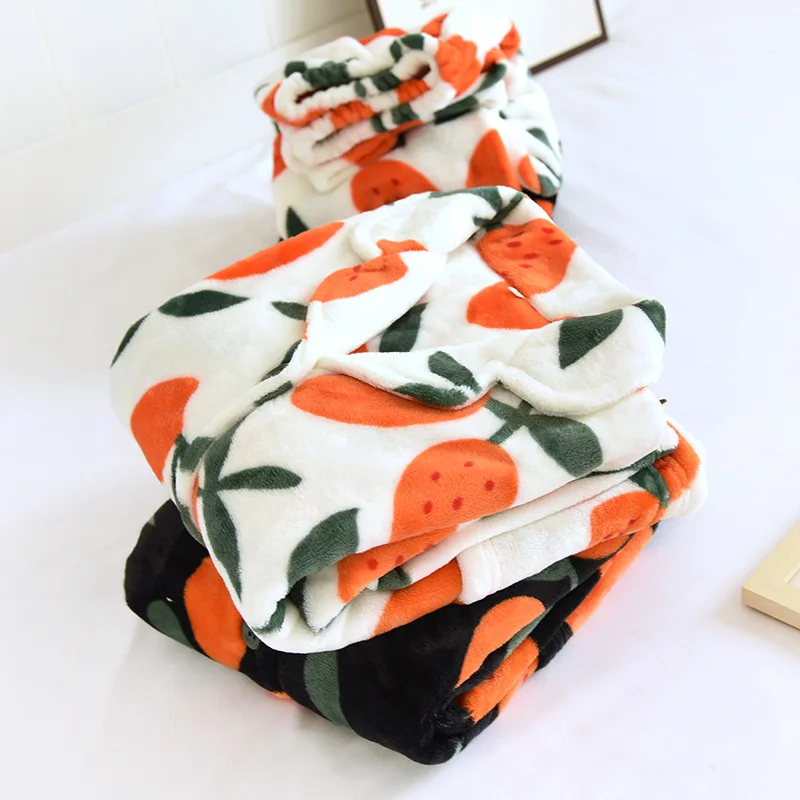New Women's Pajamas Set Warm Flannel Orange Print Sleepwear Casual Homewear V Neck Nightwear For Female Autumn Winter Pajama
