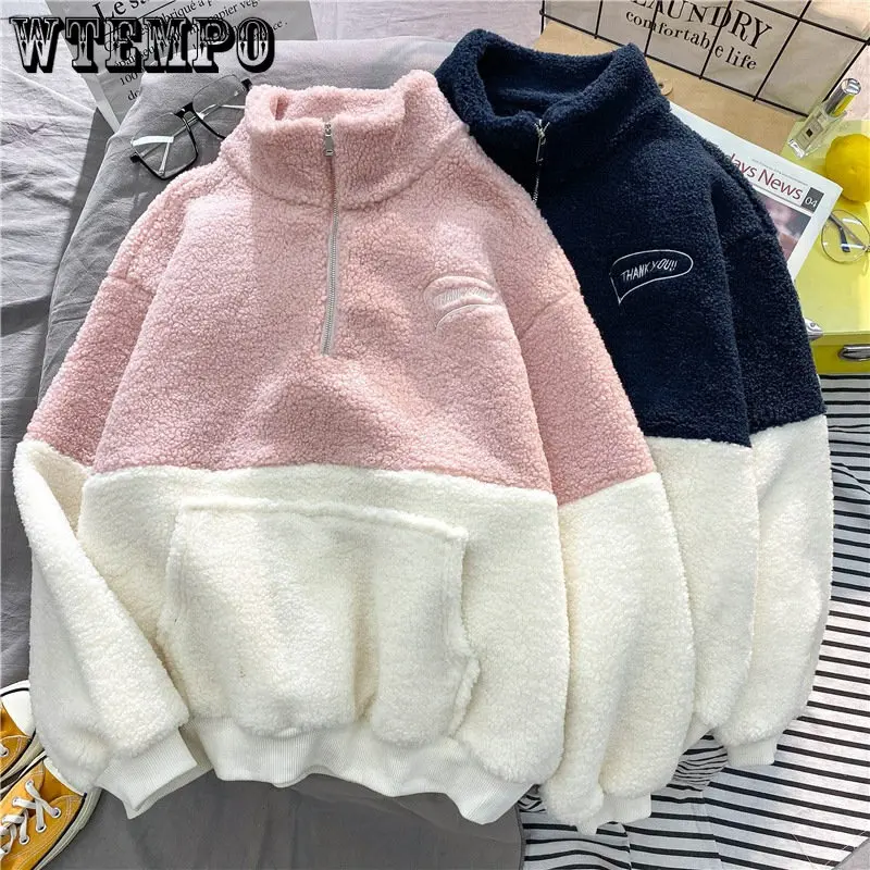 

Women Patchwork Hoodies Stand Collar Lambswool Fashion Warm Cozy Loose Outerwear for Students Harajuku Winter New Sweatshirts