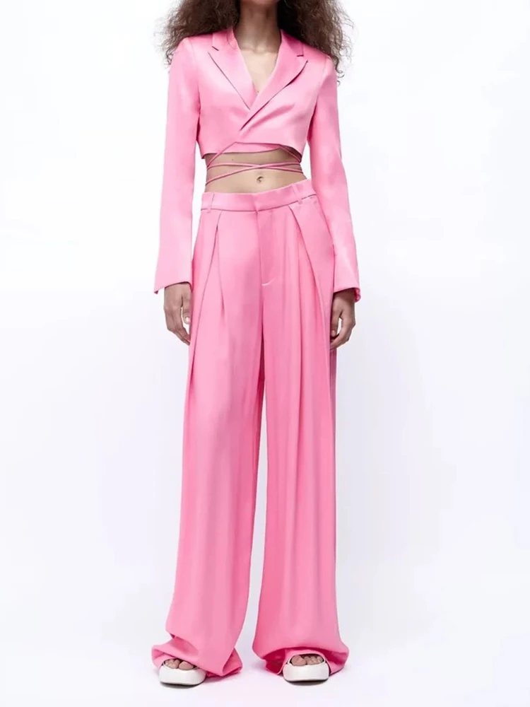 

Pink Cropped Blazer 2 Pieces Set 2022 Spring/Autumn Women Fashion Long Sleeve Blazers Long Pant Suits Lady Two-Piece Sets A1789