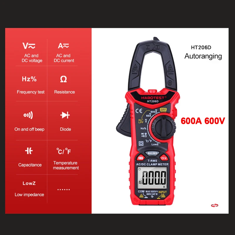 

6000 Counts Auto/Manual Range Digital Clamp Meter High Precision Voltage Current Capacitance NCV Ohm Hz Tester with Flashlight