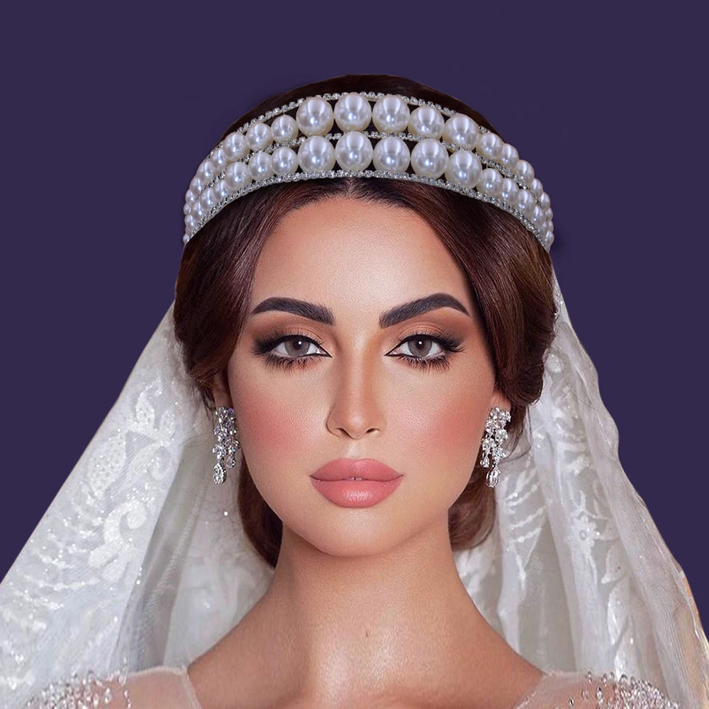 

Elegant Queen Headband Pearl Tiara and Crown Handmade Wedding Hair Accessories Women's Rhinestone Hairbands Bride Hair Jewelry