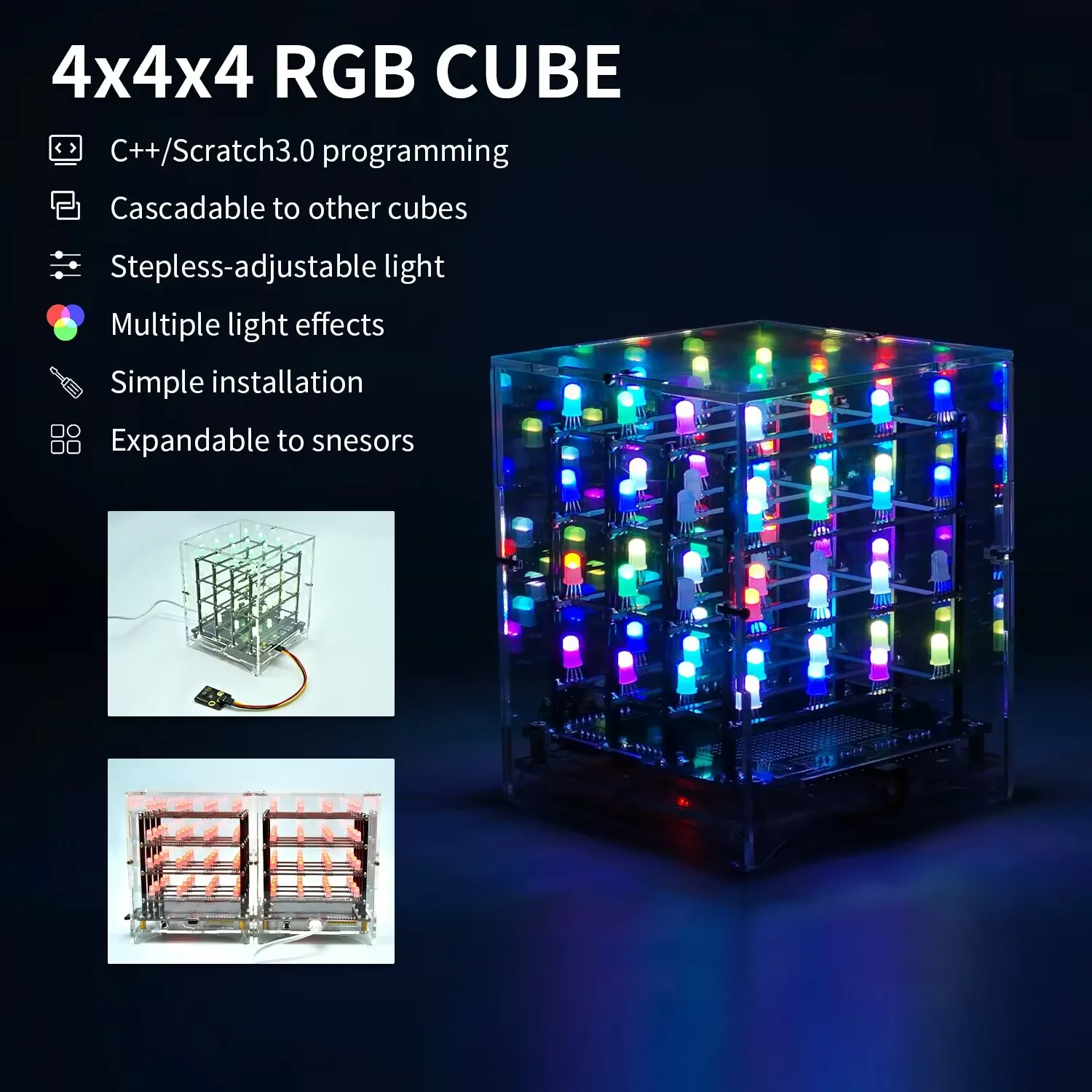 

Keyestudio 4x4x4LED RGB CUBE для управления RGB CUBE освещение с кнопкой модуль звуковые датчики и другие для Arduino DIY Project