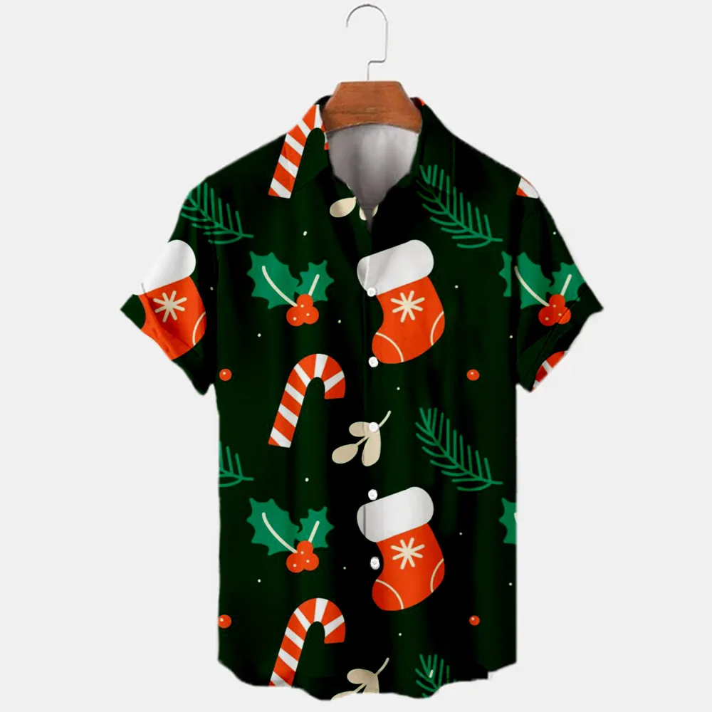 

Summer Men's Shirts New Christmas Pattern Disney Brand Cute Pooh and Mickey Anime Men's Lapel Short Sleeve Shirts