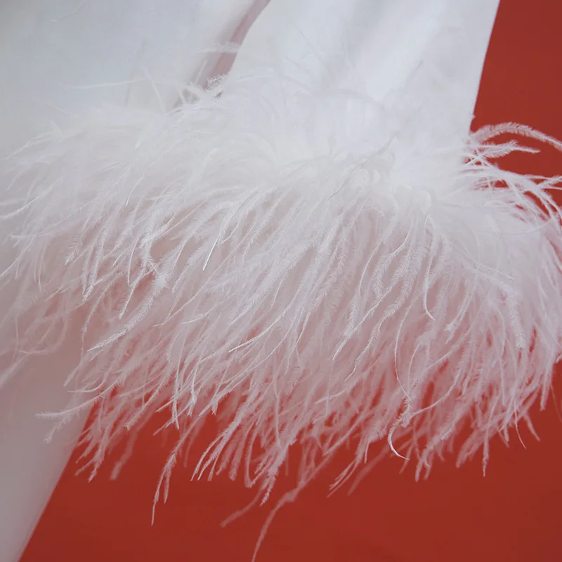 Morning gown bride fetish wedding luxury white ostrich feathers trailing long dress two-piece night dress пижама женская