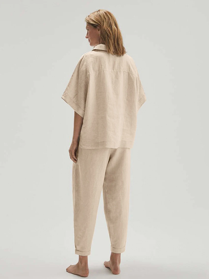 Marthaqiqi Khaki Pajamas For Women Cotton Short Sleeve Sleepwear Sexy Turn-Down Collar Nightwear Trousers Femme Pyjamas Suits