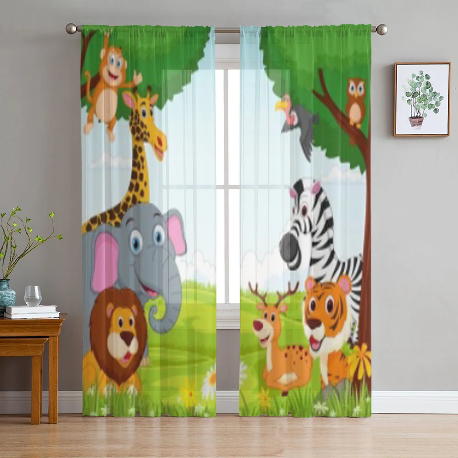 

Тюль с животными из мультфильмов в джунглях, прозрачные шторы для гостиной, спальни, кухни, украшения, вуаль, шторы из органзы