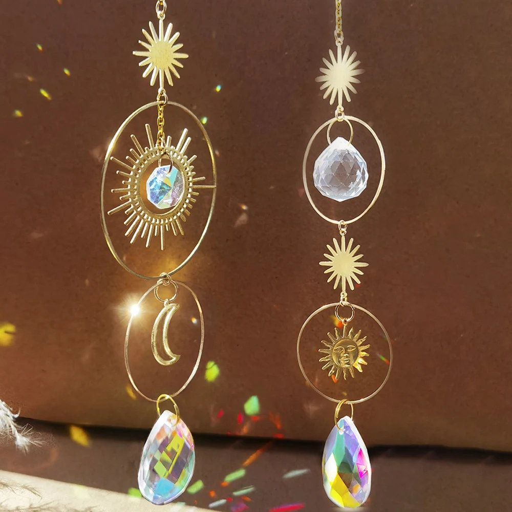 Suncatcher Crystal Sun and Moon Crystals Prism Rainbow Sun Catcher Garden Decoration Hanging Sundrop Window Patio Ornament