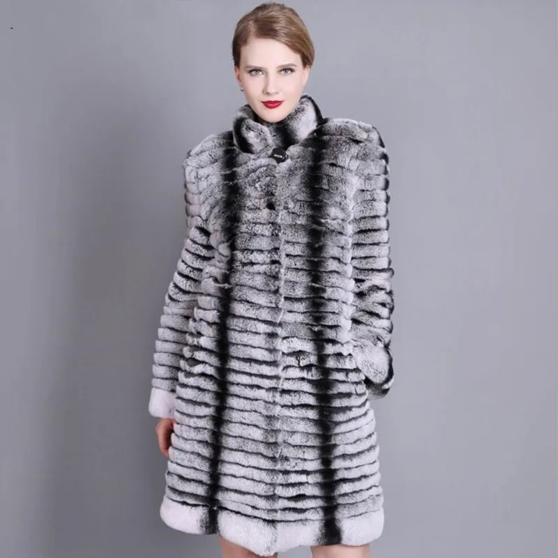 XS-7XL Women Natural Real Fur Coat Stand Collar Full Pelt Genuine Rex Rabbit Fur Long Jacket Winter Clothes Women