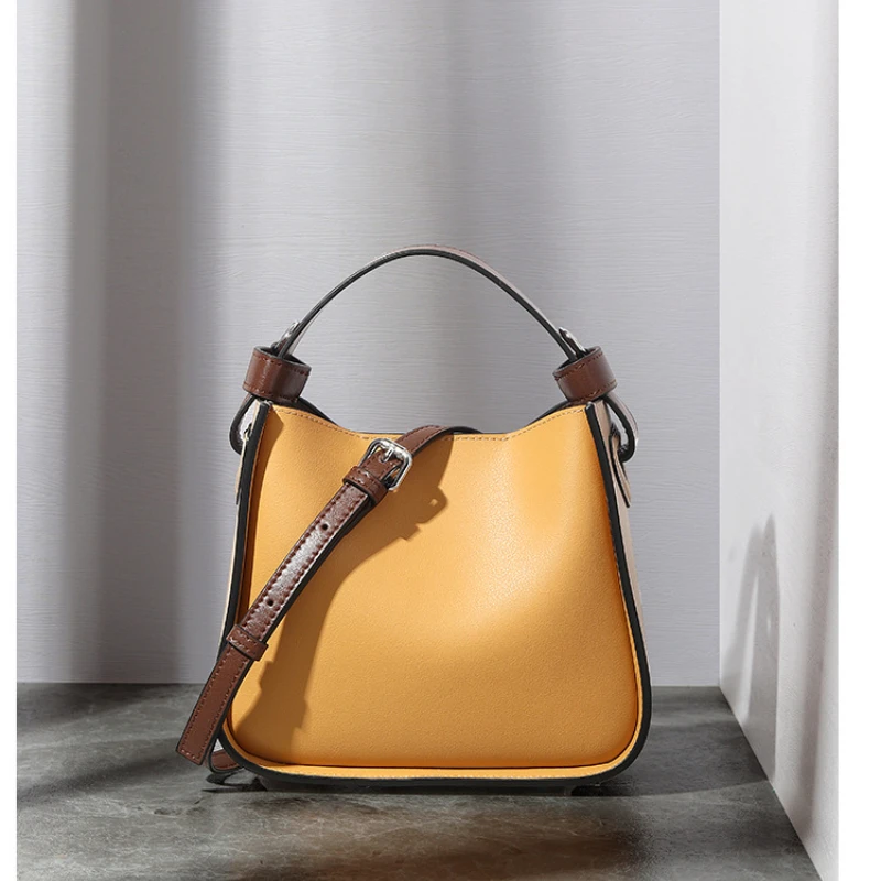 

Luxury Designer Women‘s Handbags 100% Genuine Cowhide Leather Shoulder & Crossbody Bags Yellow Casual Leather Bucket Bags Ladies