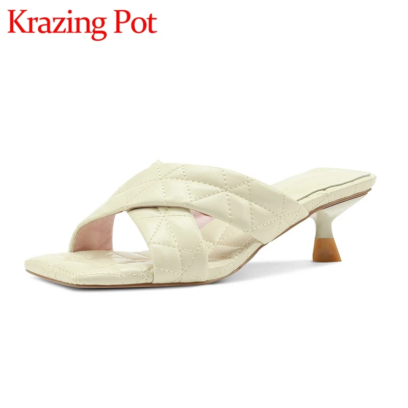 

Krazing Pot Sheep Leather Peep Toe Thin Med Heel Slip on Mules European Style Young Lady Mature Elegant Basic Women Sandals L50