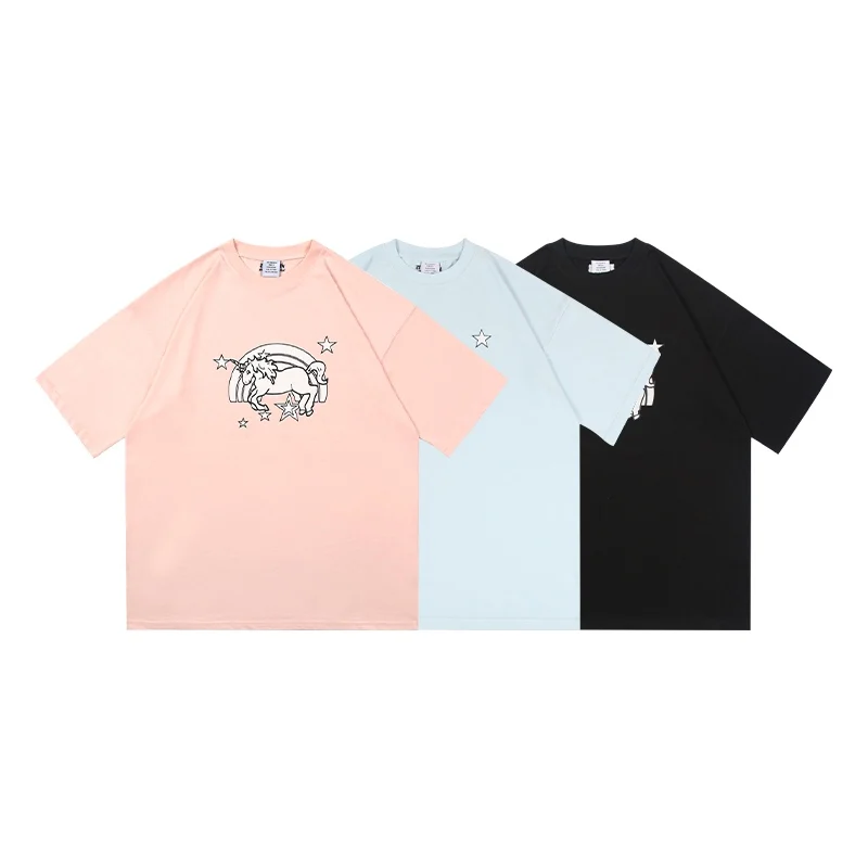 

Модная футболка в стиле оверсайз 2021SS для мужчин и женщин, футболка в масштабе 1:1, лучшее качество, радуга, единорог, цвет зрительно-розовый, ж...