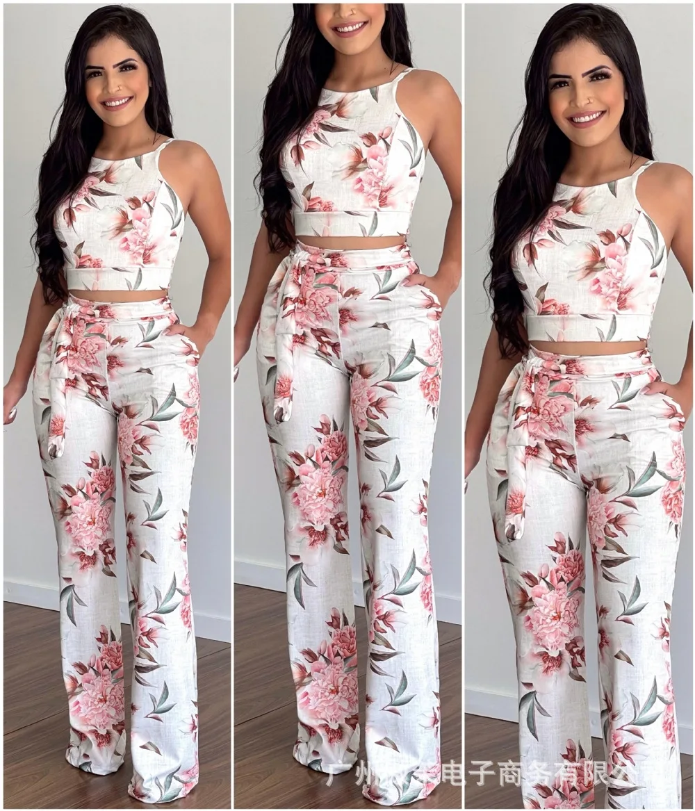 

2022 Woman Cloth Female Two Pieces Set Pants Summer Women's Full-frame Floral Tight-fitting Sling Top Suit Trousers