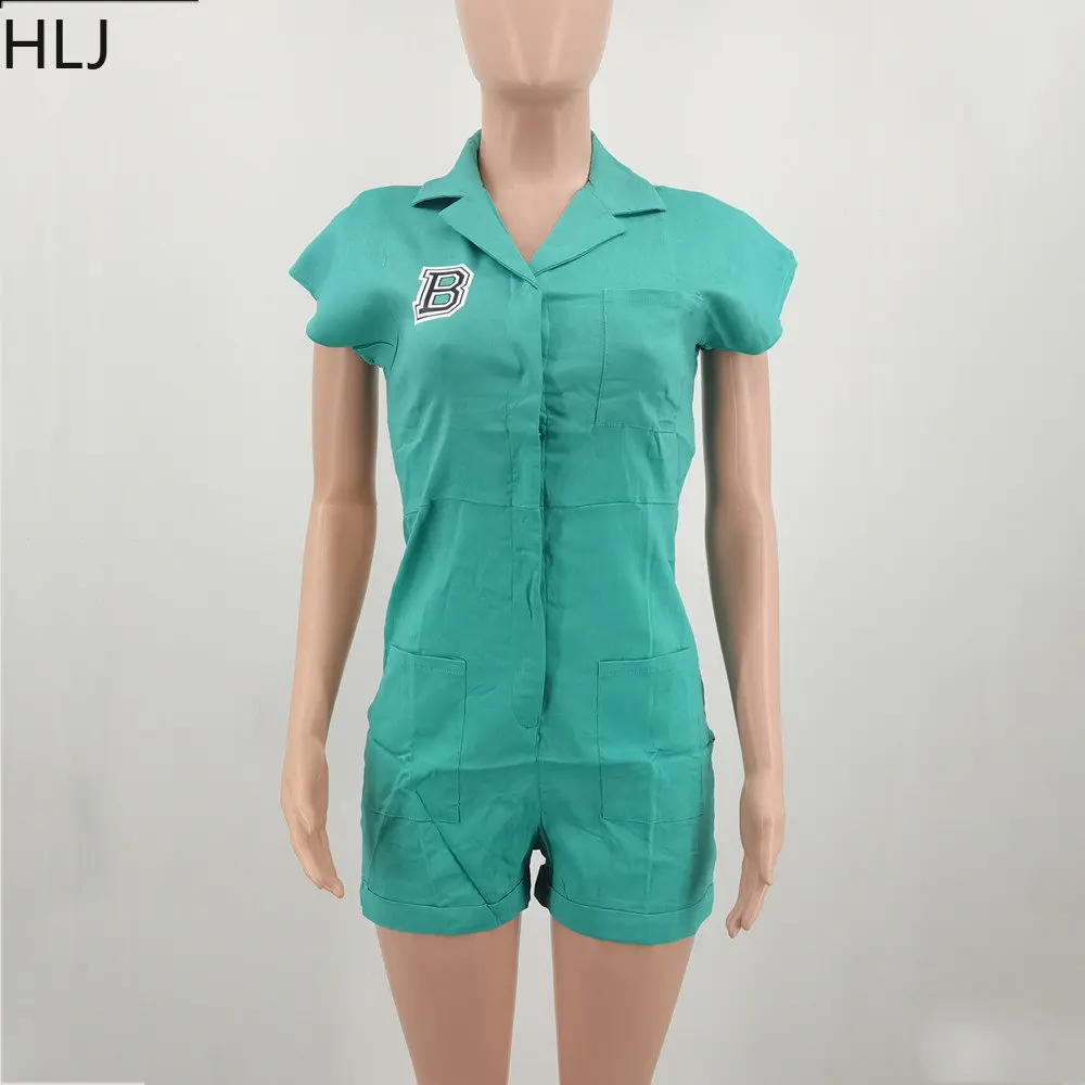 HLJ Casual Letter Print Loose Rompers Women Turndown Collar Short Sleeve Jumpsuits Summer Solid Button One Piece Sport Playsuits