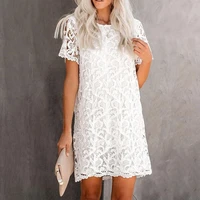 women sexy lace hollow out white dresses 2021 summer casual o neck short sleeve solid streetwear party midi dress vestidos mujer