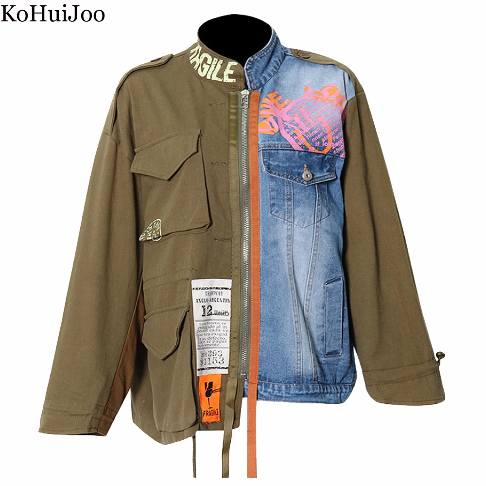 KoHuiJoo Casual jackets For Woman 2022 Spring Long Sleeve Stand Collar Irregular Denim Patchwork Women Oversize Clothes Coat