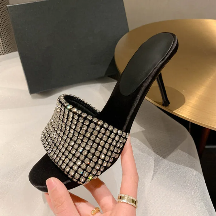 

Wholesale Rhinestone Women Slippers Luxury Crystal Strap Summer Beach Slides Thin High Heels Black Party Pumps Lady Flip Flops