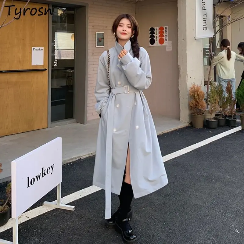 

Women Trench Double Breasted Long Style Spring Autumn Outwear Elegant All Match Solid Bandage Chic British Fashion Streetwear