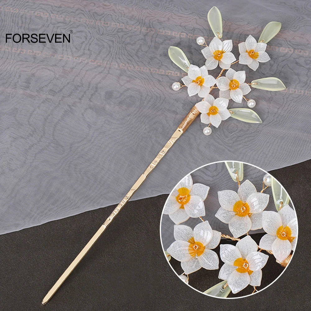 

White Flower Hairpins Clips Pearls Hair Sticks Forks Chinese Ancient Style Headpieces for Women Girls Hanfu Dress Jewelry