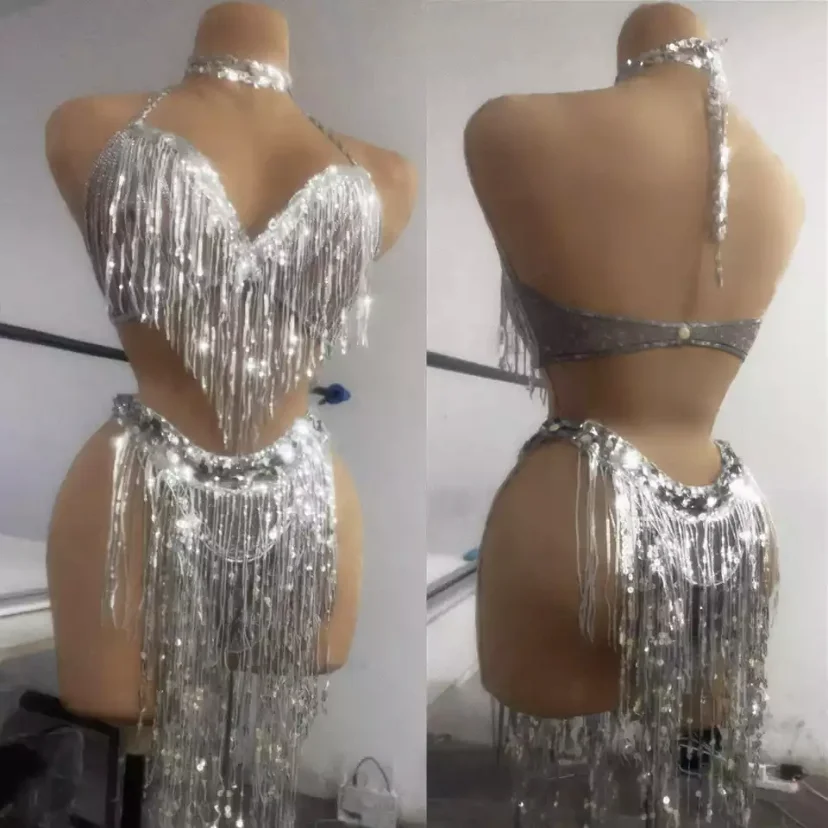 

Women Sexy Halter Fringes Bra + Shorts Sparkling Silver Sequin Tassel Bikini Sets Nightclub DJ Pole Dance Stage Outfit Sets