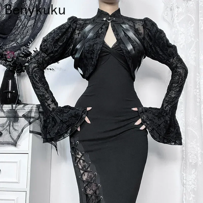 Кружевная сетчатая Расклешенная юбка с длинным рукавом винтажная черная