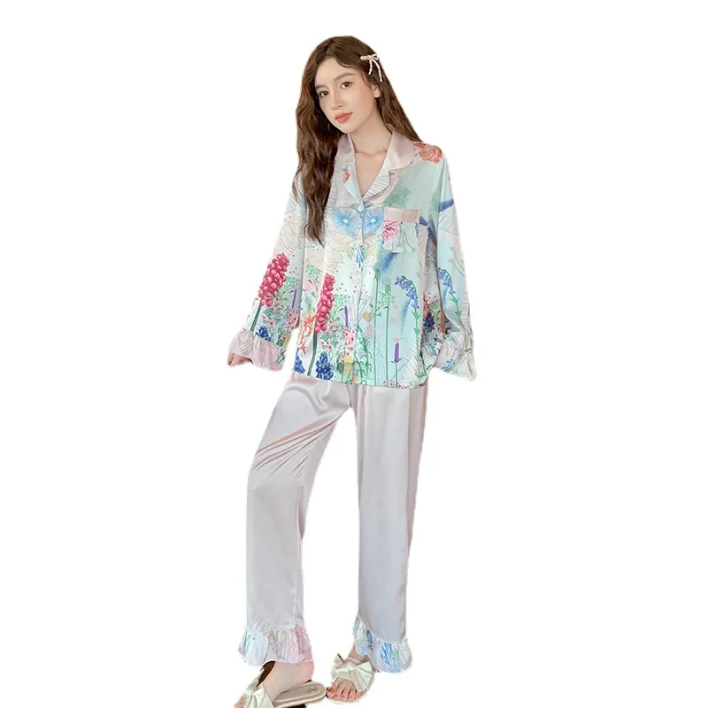 Light Luxury Thin Ice Silk Women's Pajamas Sets High-end Simulation Silk Home Service Sleepwear Spring and Autumn Nightwear Suit