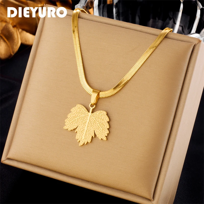 

DIEYURO 316L Stainless Steel Gold Color Maple Leaf Pendant Necklace For Women Girl New Trend Clavicle Chain Jewelry Gift Party