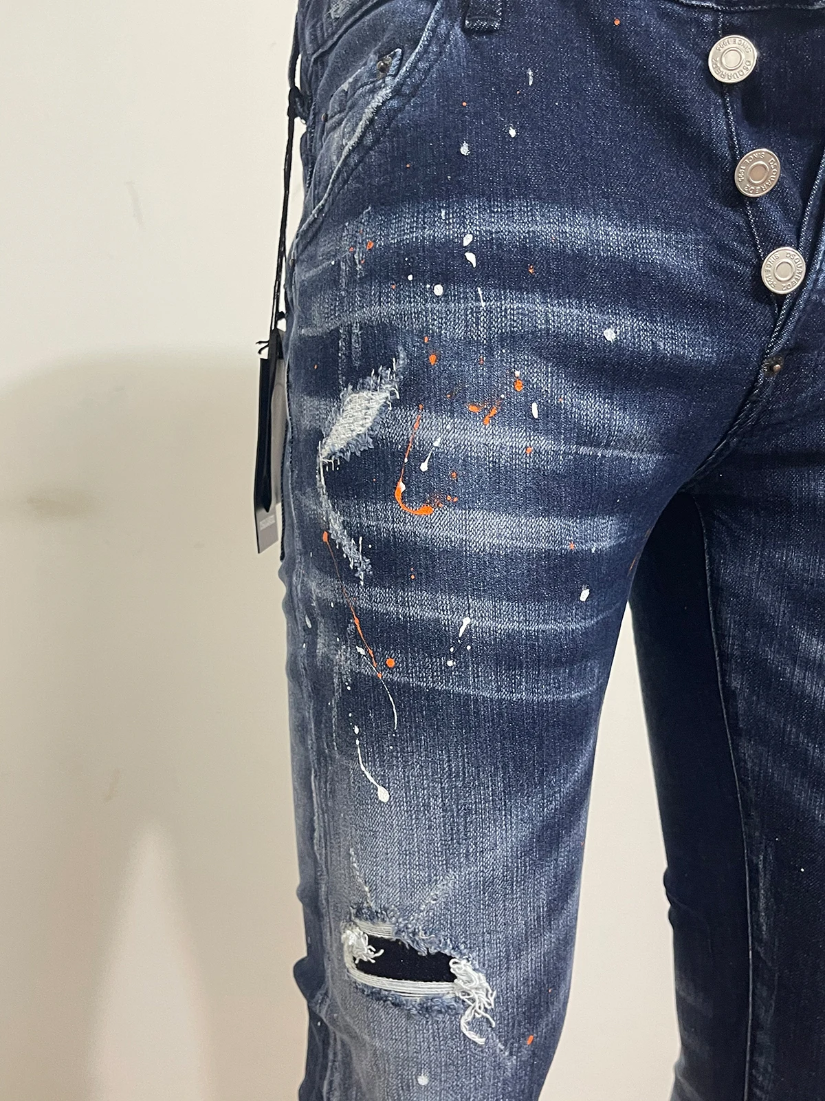 2023 new year jeans D2 jeans men wash small foot tide patch holes paint points slim casual