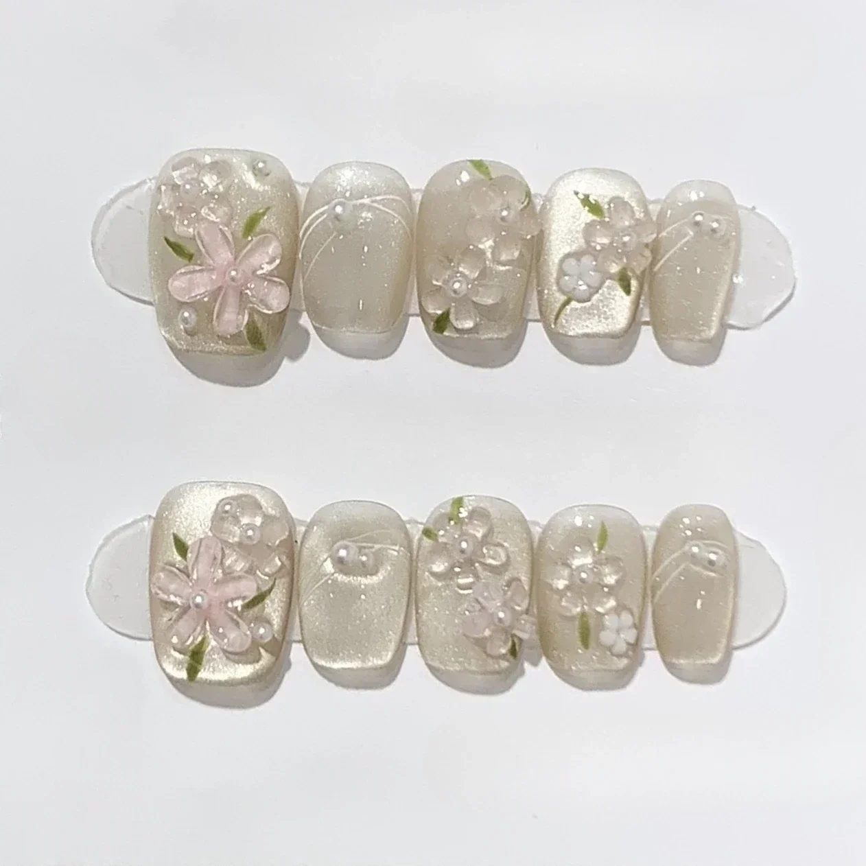 10Pcs Short Square Handmade Press On Nails Full Cover Flower Cat Eye Small Fresh Ballet False Nails Wearable Manicure Nail Tips