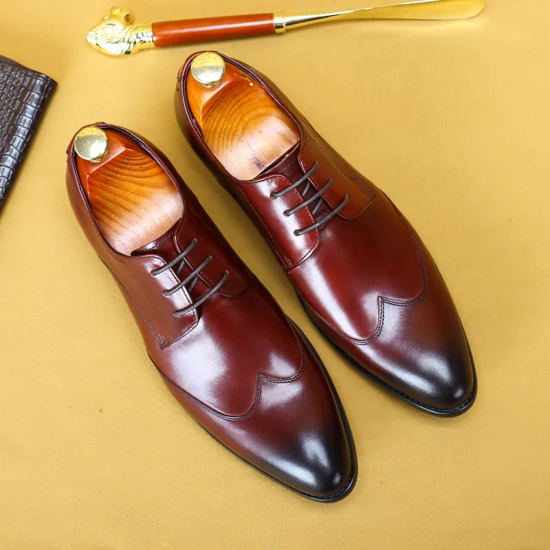 

Business Office Wedding Italian Men Dress Shoes Pointed Toe Brogue Shoe Real Cowhide Leather Black Oxfords Social Gents Suit