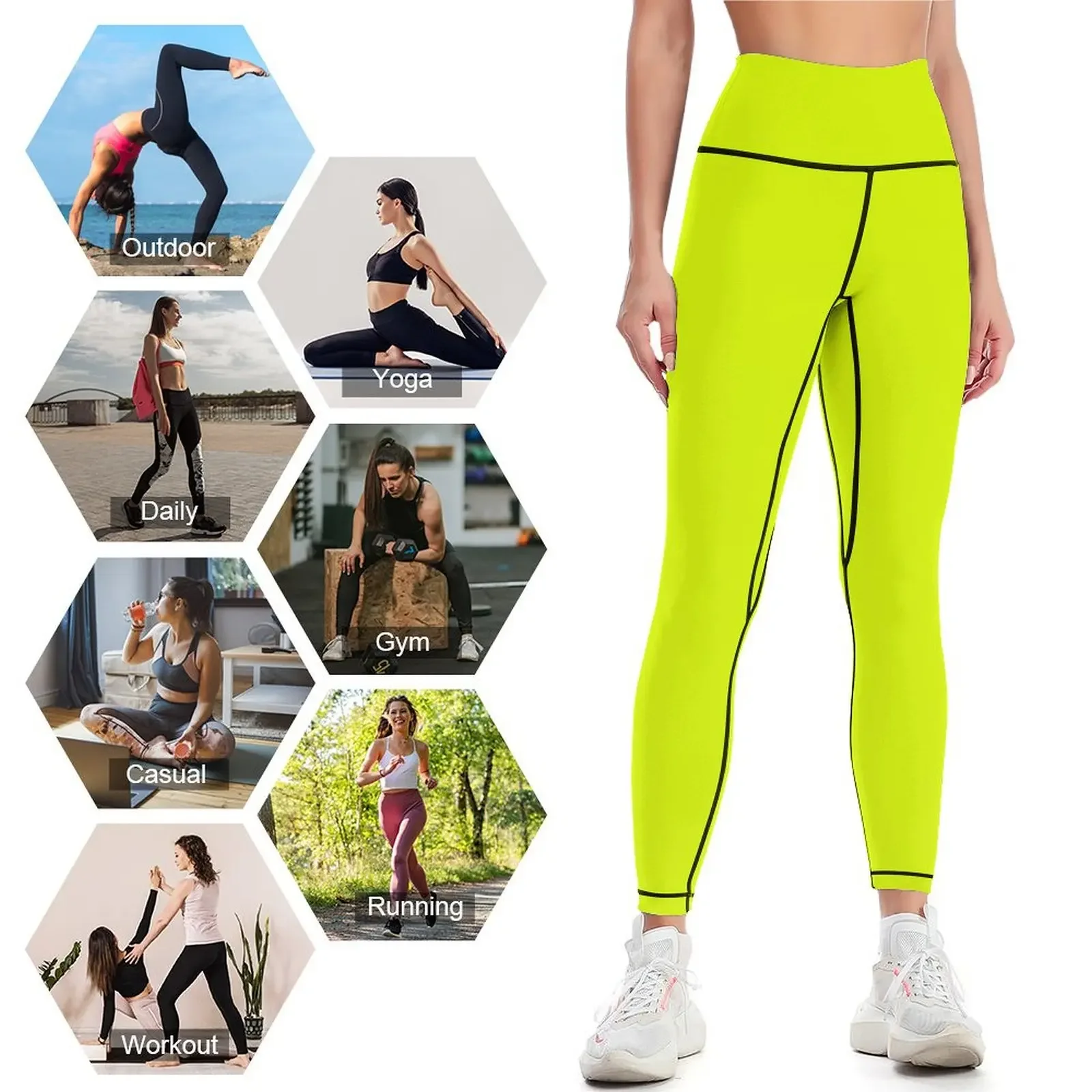 Фото Женские леггинсы Chartreuse Yellow Solid Color, однотонные, для фитнеса, с высокой талией, спортивные, для push-up эффекта. №4