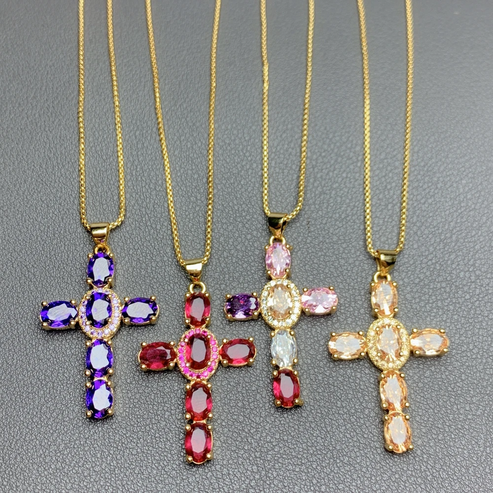 

New Multicolors Cross Pendant Zircon Necklace for Women Accessories Fashion Long Chain Exquisite Aesthetic Holiday Party Gifts