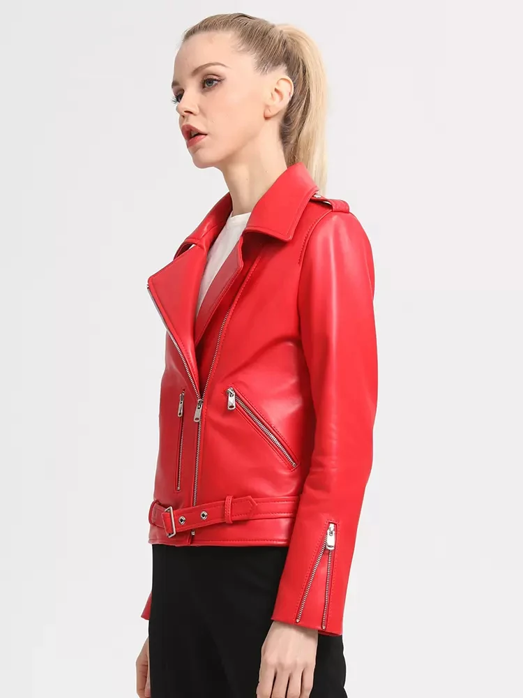 New Women Genuine Leather Jacket Spring Autumn Casual Turn-downCollar Streetwear Style Short Sheepskin Coat Slim Biker Outerwear