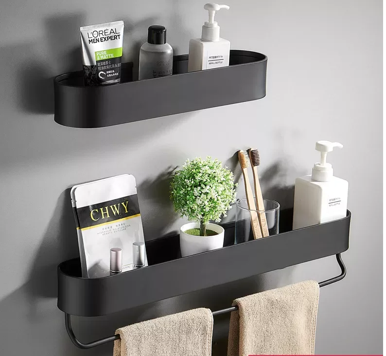 

Black Bathroom Shelf 30/40/50 cm Kitchen Wall Shelves Shower Basket Storage Rack Towel Bar Robe Hooks Bathroom Accessories
