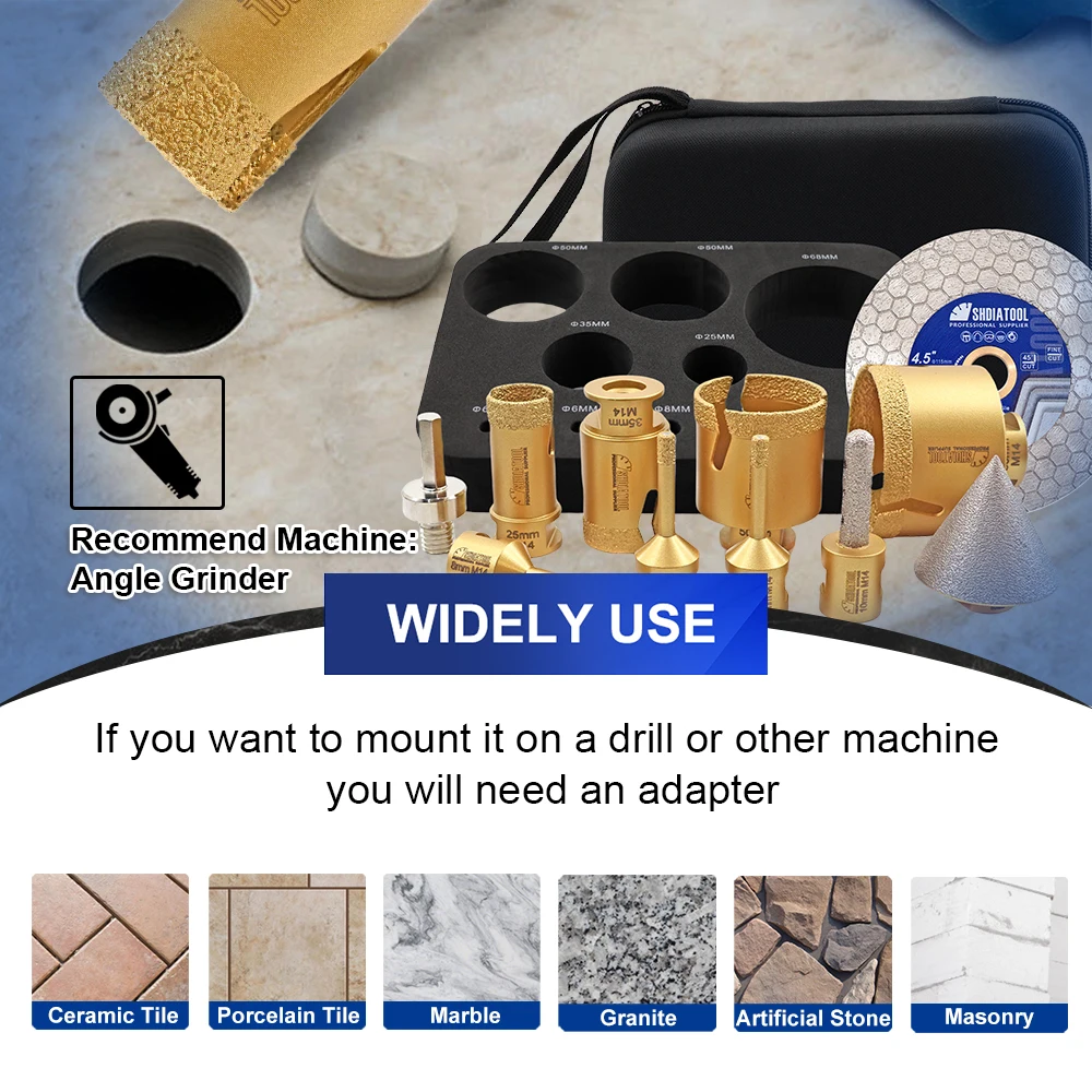 SHDIATOOL 11 шт. набор алмазных инструментов 6/6/8/25/35/50/68 мм сверла + фреза 10 бита для