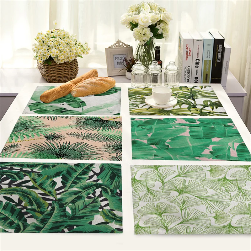 

Green Leaves Dining Table Mat 42x32cm Cotton Linen Rainbow Color Plant Kitchen Placemat Coaster Pad Heat Insulation Coffee Mats